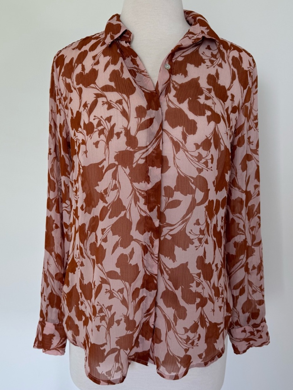 A New Day Blouse Women Pink Rust Floral Sheer Button-Up Shirt Blouse // Size M